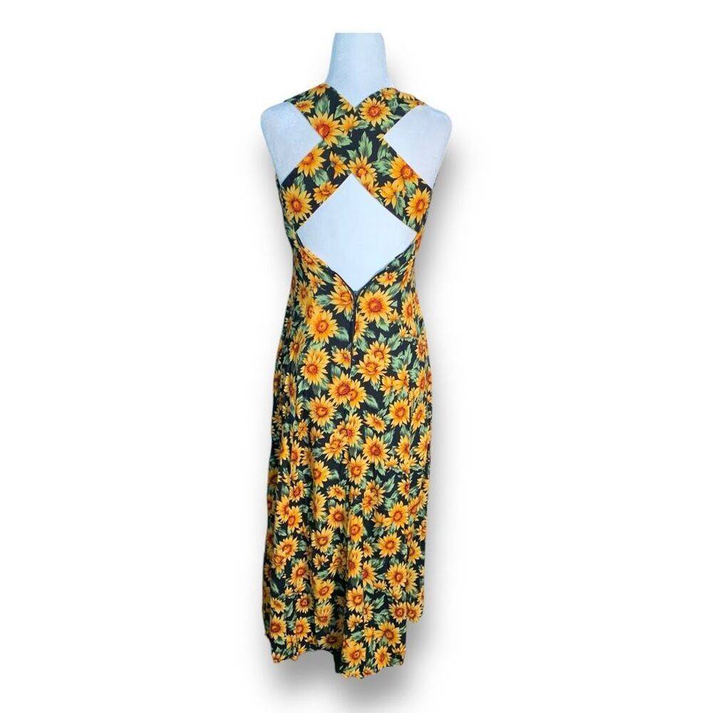 Vintage 90s Maxi Dress Sunflower Dark Floral Printed Black Sleeveless Cross-Back - Picture 8 of 12